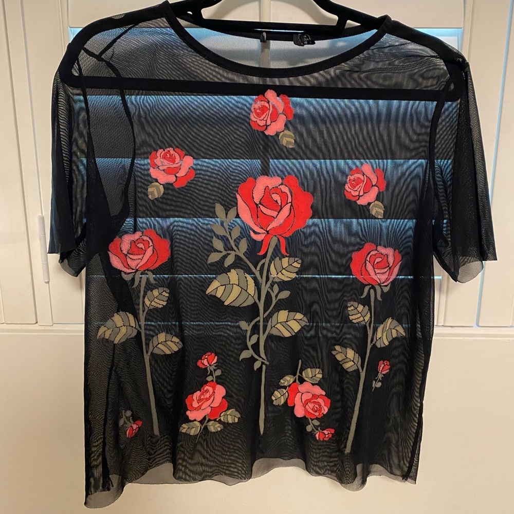 Boohoo Sheer black top with rose detailing